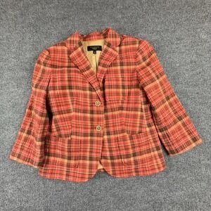Talbots Plaid Blazer Jacket Womens Petite 4P Red Lined Button Front 3/4 Sleeve
